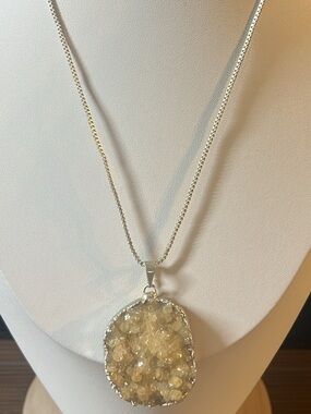 Citrine Crystal Druzy Pendant Necklace - Silver Tone